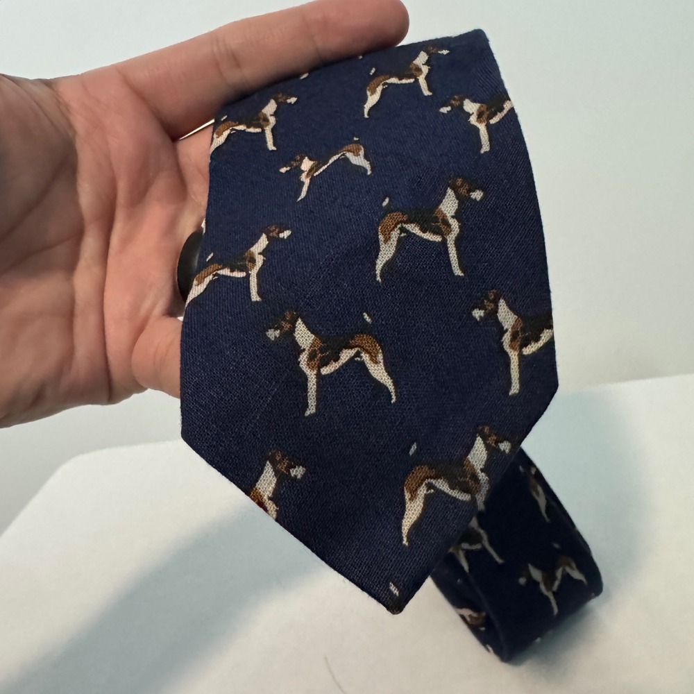 Polo Ralph Lauren Necktie Navy Blue Dog Print 100% Linen Tie Handmade in USA - Picture 2 of 8